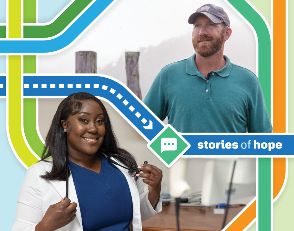 Stories of hope graphic with photos of Ben and Miz